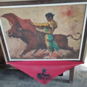 cuadro de Óleo/acrílico (firmado 'pepín') de escena taurina y pañuelo san fermin